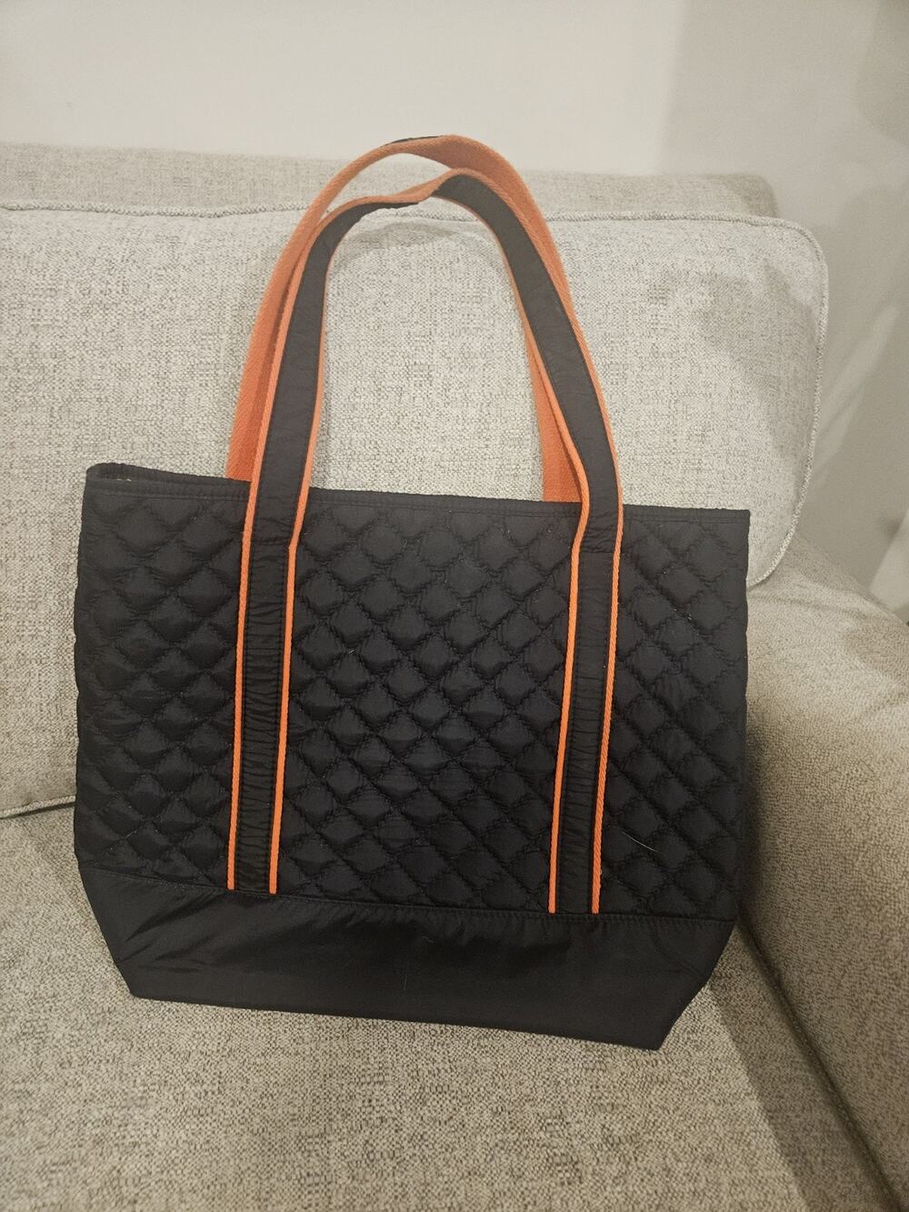 Lands’ End Large Quilted Tote Bag Navy Orange Large Shoulder Travel Work Bag
